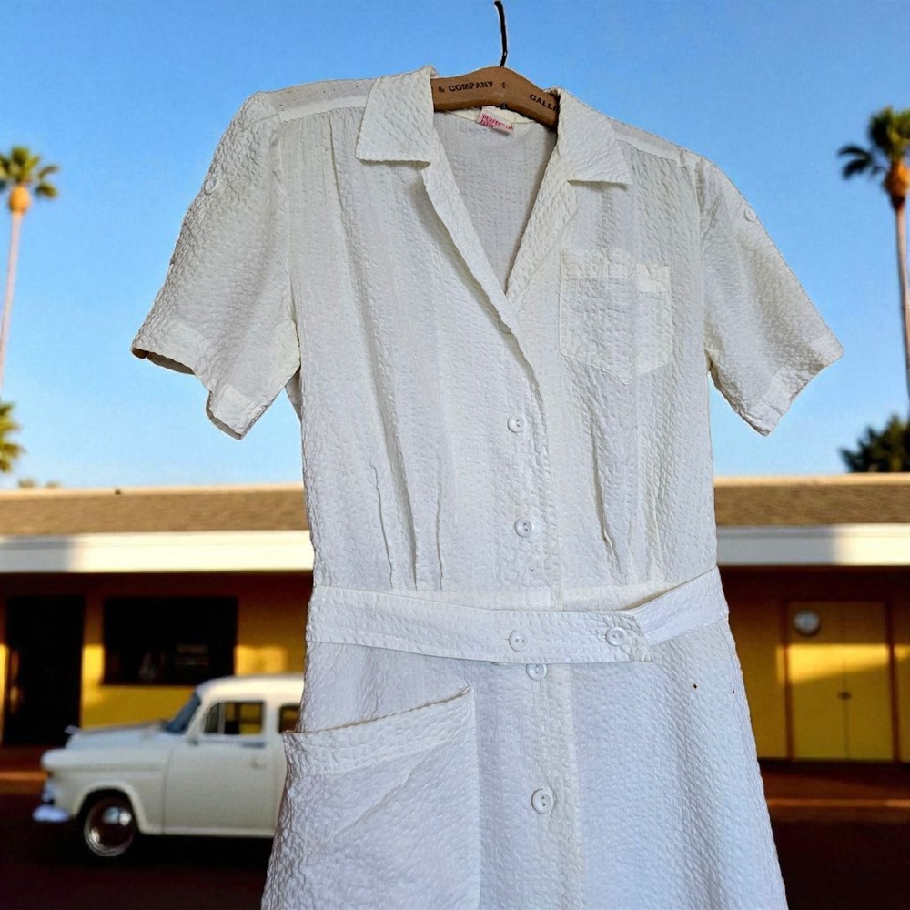 Vintage 1940s Wayne Maids White Seersucker Uniform Dress Belted Button Front 40 - Picture 8 of 16